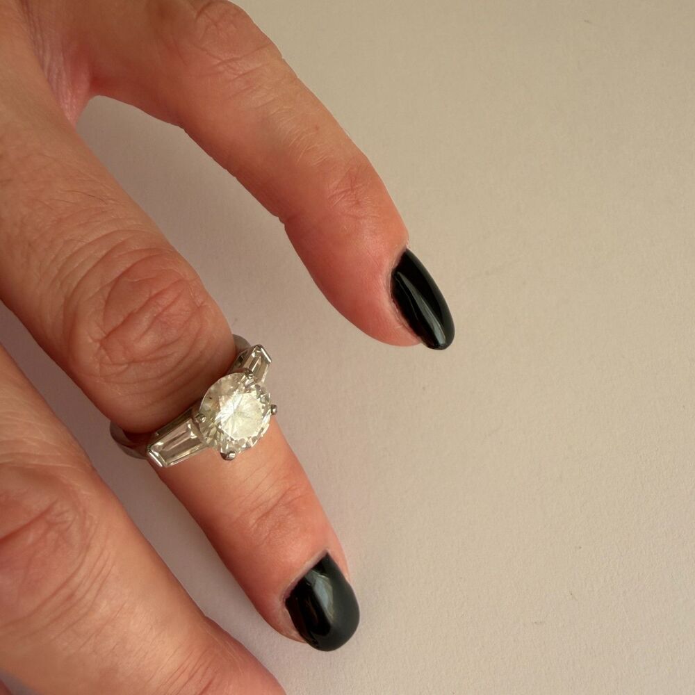 Round Crystal Cocktail Prong Ring Silver Tone Glam Statement TK316 Steel Sz 4.5